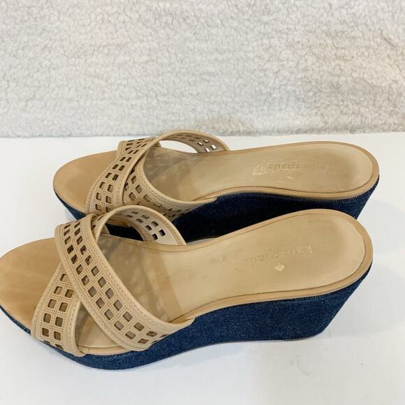 Kate Spade Wedge Sandals 8.5 M Meredith Denim and Tan Vacation Weekend Luxury - Picture 3 of 7